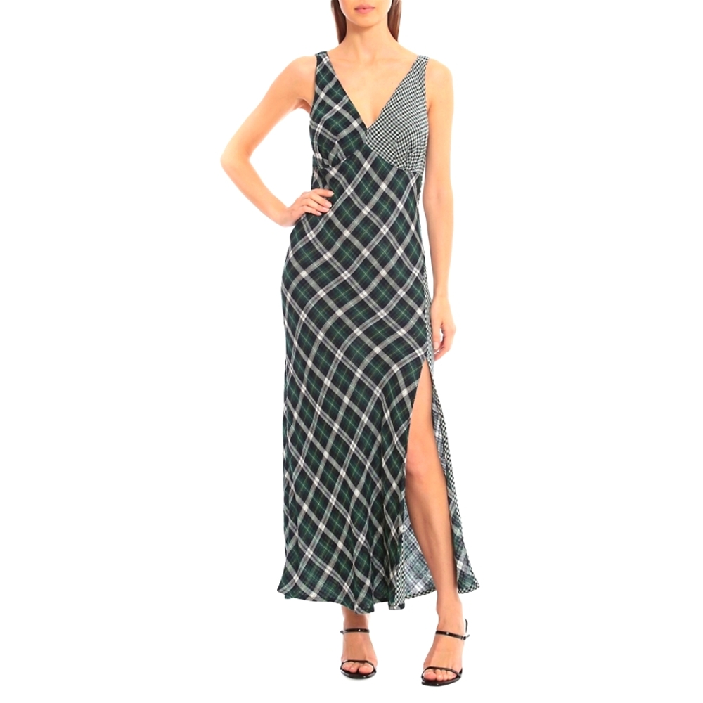 Avec Les Filles Hannah Mixed Plaid Side-Slit Slip Dress